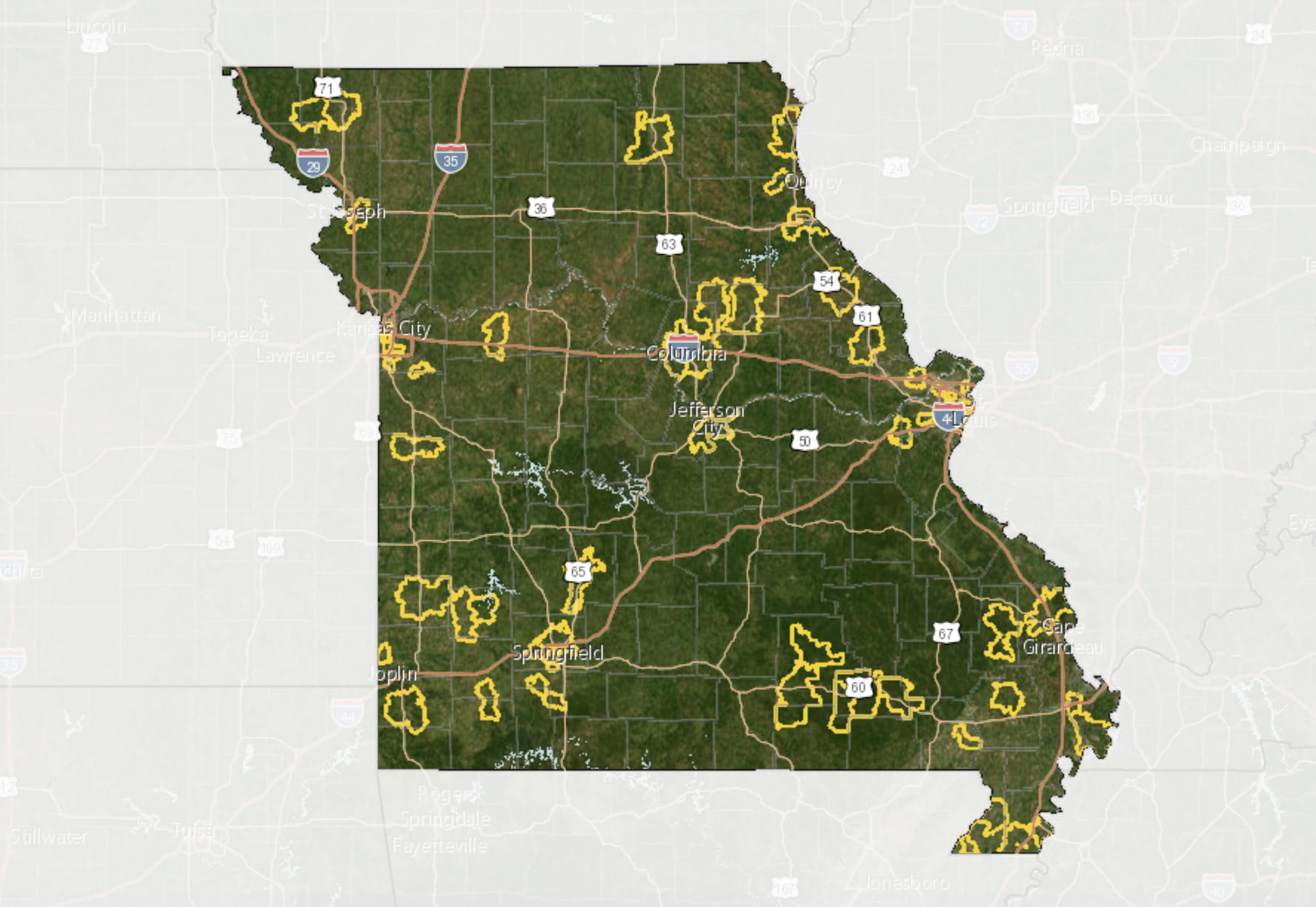 This image shows a preview of locations where broadband focus groups took place across the state of Missouri.